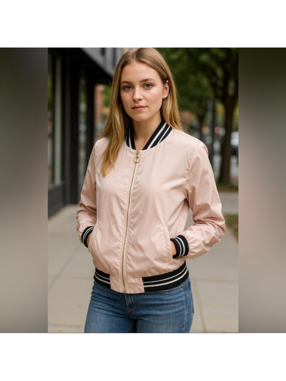 NWOT/Ashley By 26 International Blush Pink Bomber Jacket with Stripe Trim Size M